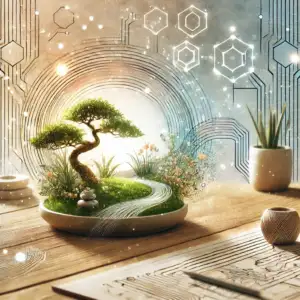 Abstract illustration of a serene workspace featuring a Zen garden arrangement and digital elements, symbolizing the fusion of mindfulness and corporate innovation in a modern office setting.