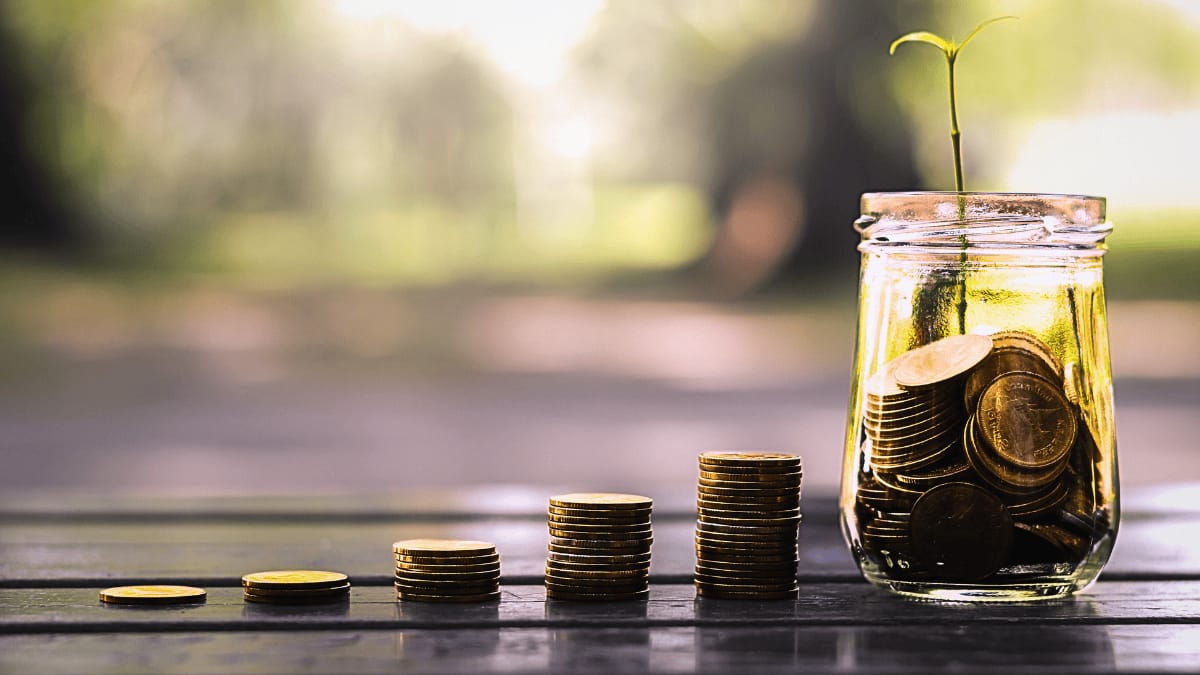 evolution of coins set on a table ending with a jar full of coins and a baby sapling growing out of it indicating growth.